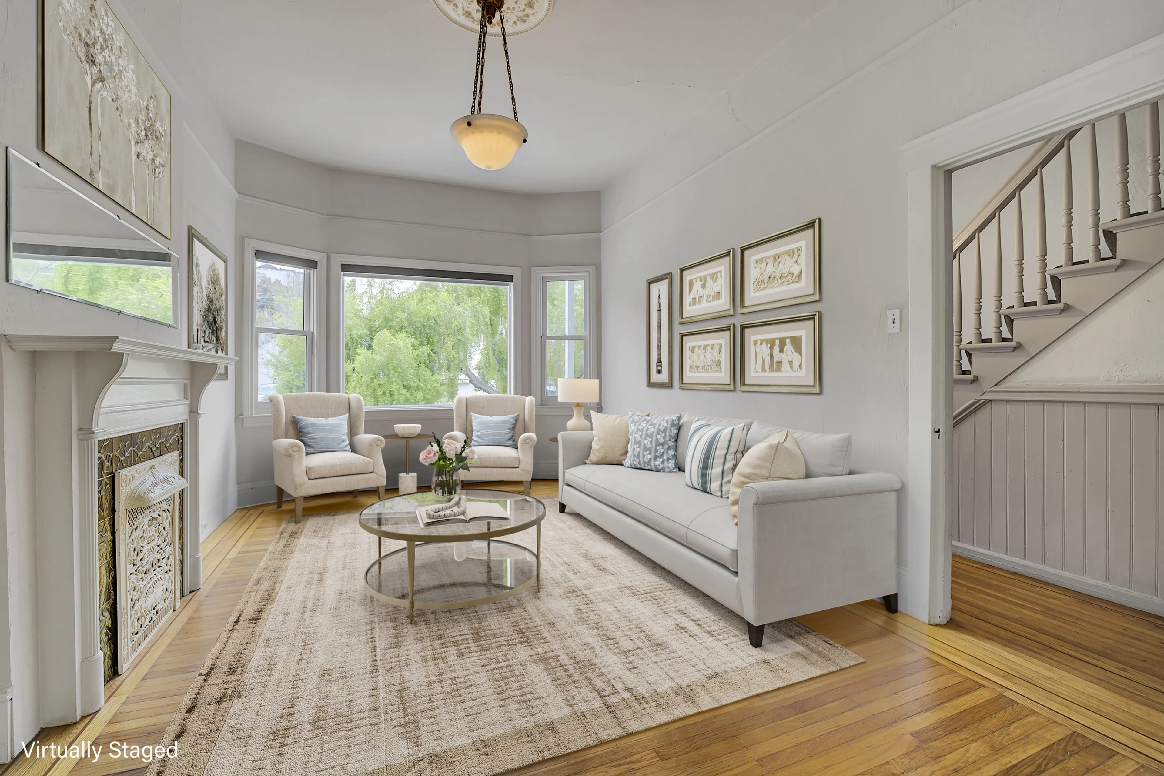 Virtually staged living room with modern furniture