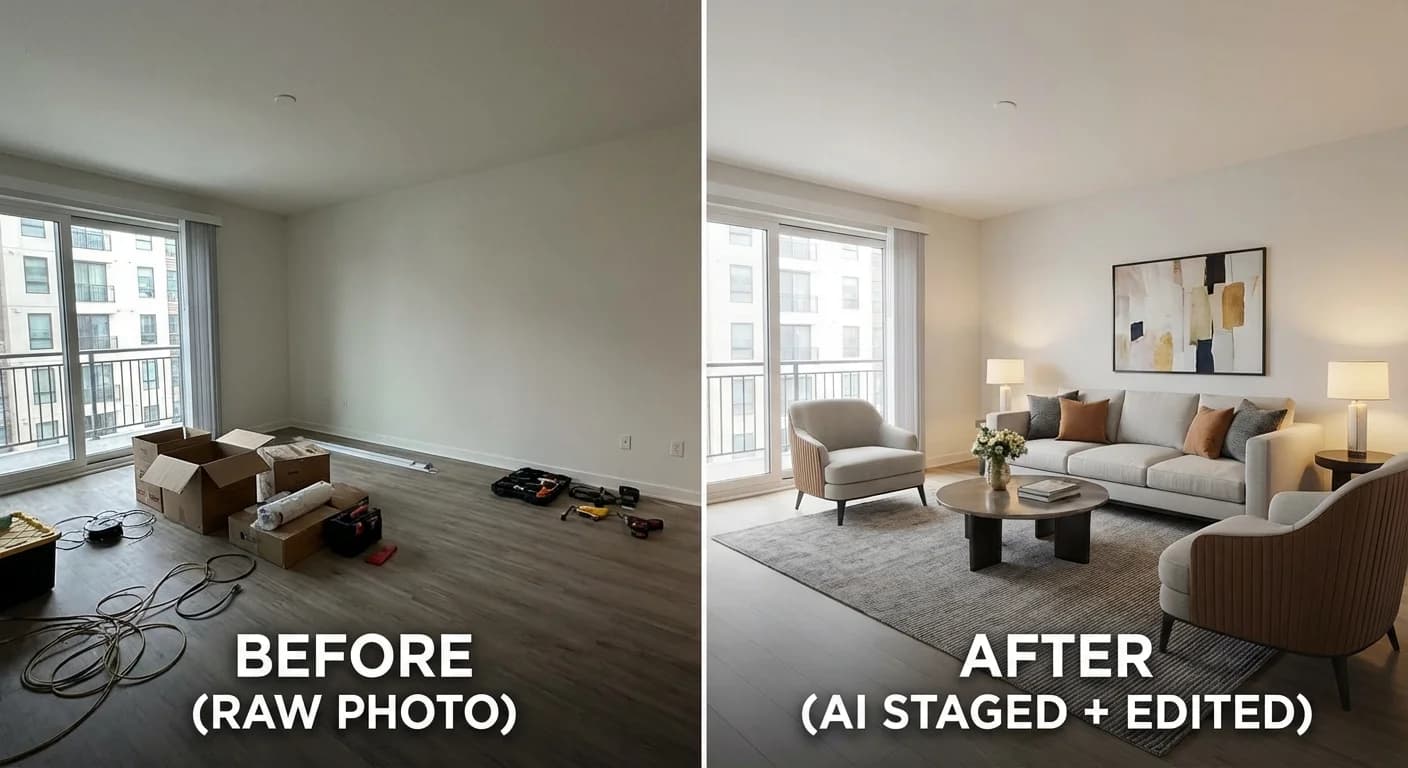 Before and after comparison showing iPhone photo transformed with AI editing and virtual staging