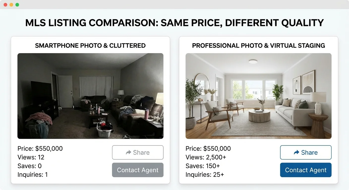Side-by-side comparison of MLS listings showing impact of professional vs amateur photography